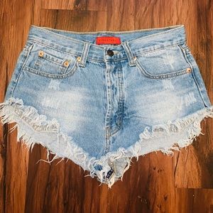 Signature 8 Distressed Frayed Hem Slanted High Waisted Denim Jean Shorts